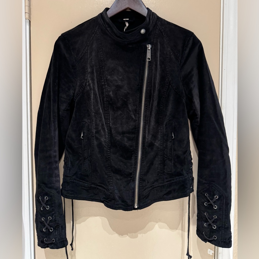 Free People Velvet Moto Laced Sleeve Zipper Jacket Black Size S - Picture 8 of 16